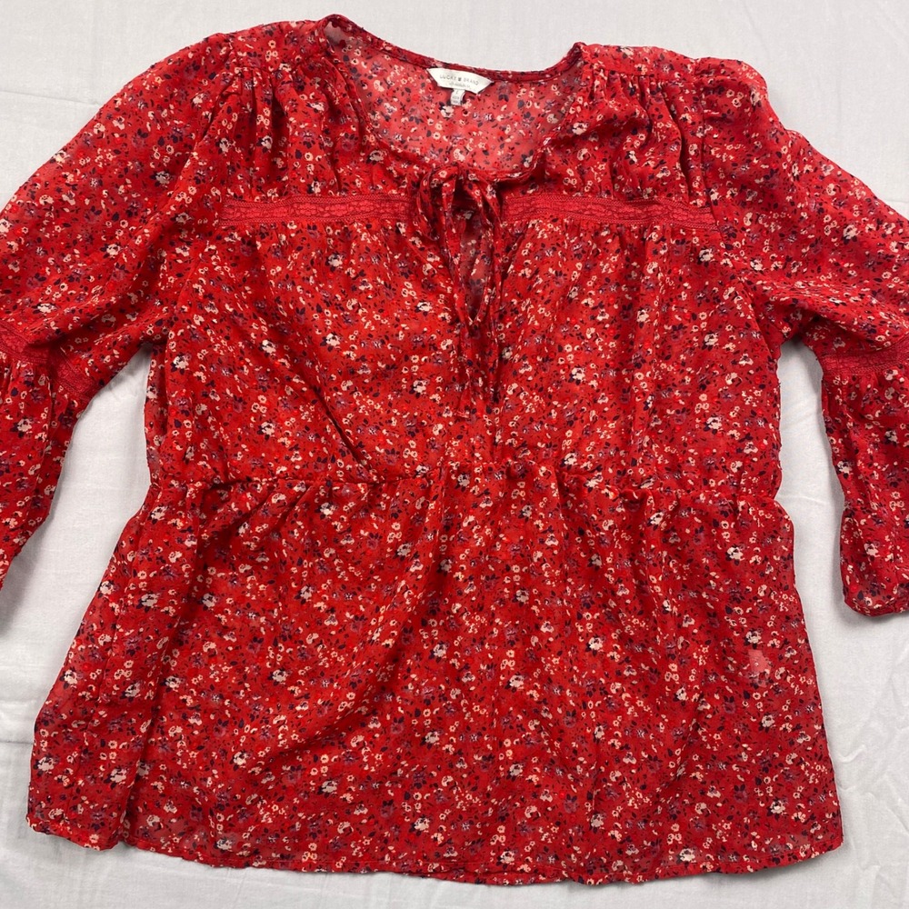 Lucky Brand Floral Peplum Blouse Top Womens Large Red Chiffon Bell Sleeve Boho